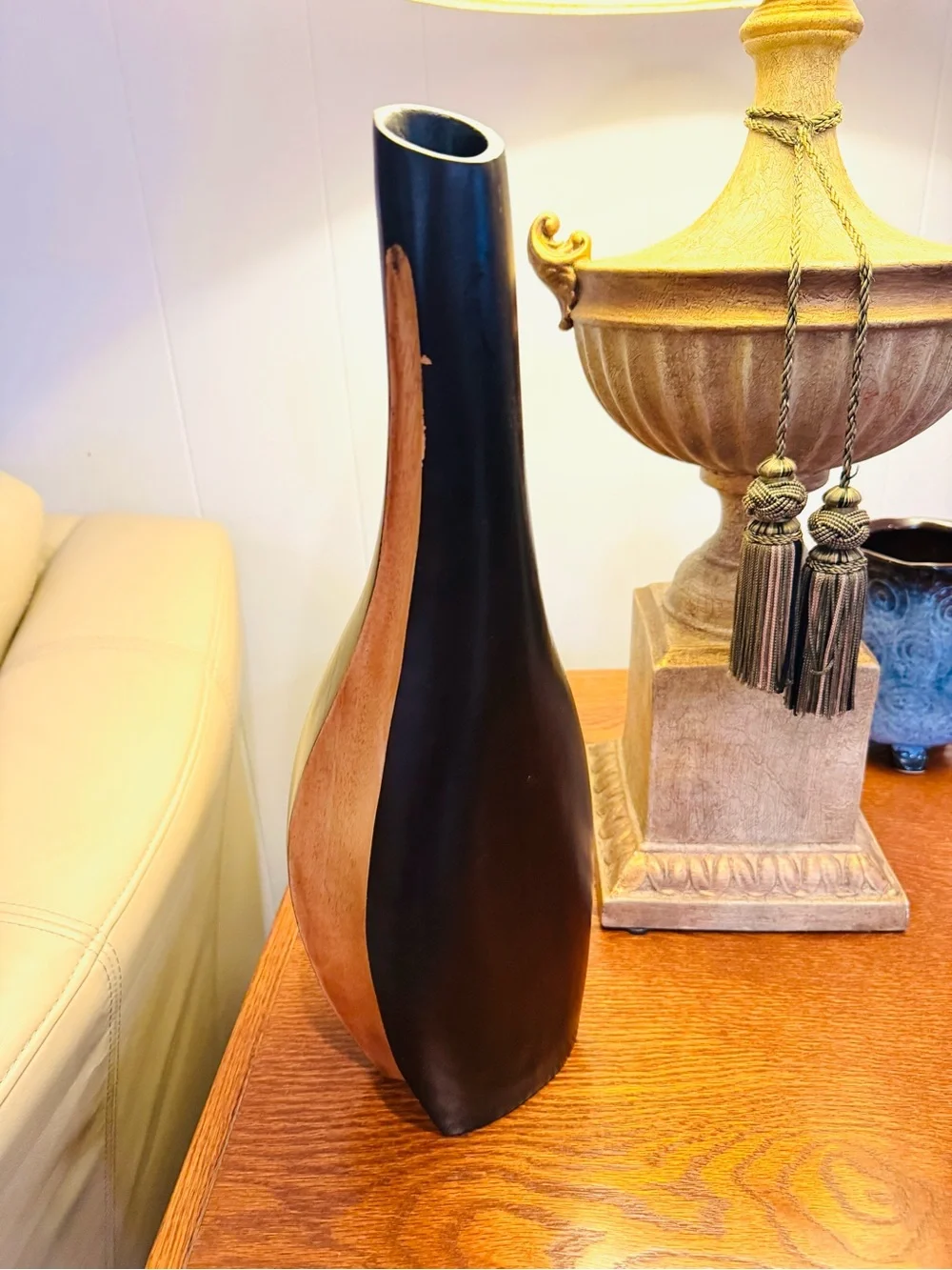 Black and Natural solid Wood Accent Vase - Modern Home Accent